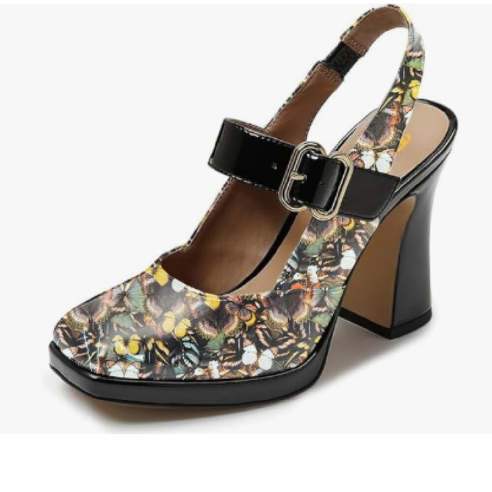 FYS Butterfly Platform Square Toe Chunky High Heel Mary Janes Slingback Pumps